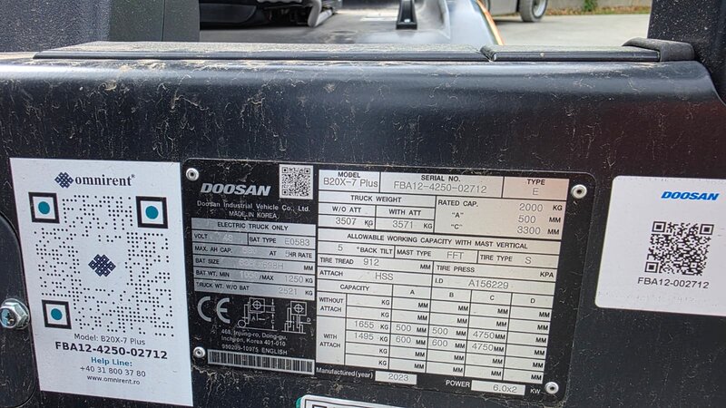 Electrostivuitor Doosan B20X-7 Plus 2to 4.75m triplex SS free lift48V 740Ah